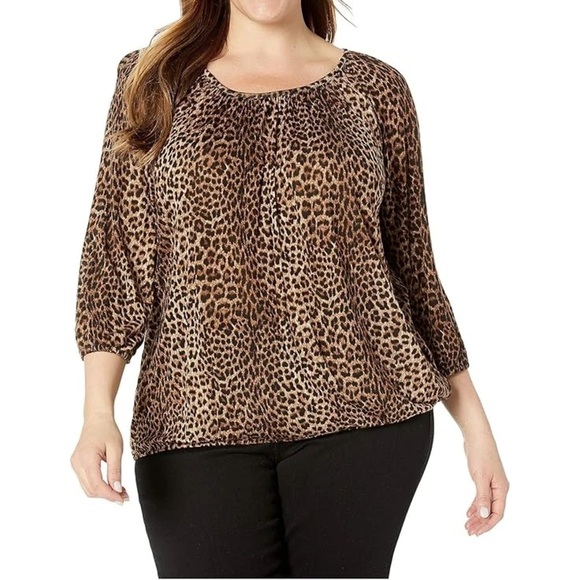 Michael Michael Kors Leopard Print Knit Top Blouse Sz 3X 3/4 Sleeve Scoop Neck - Picture 1 of 7